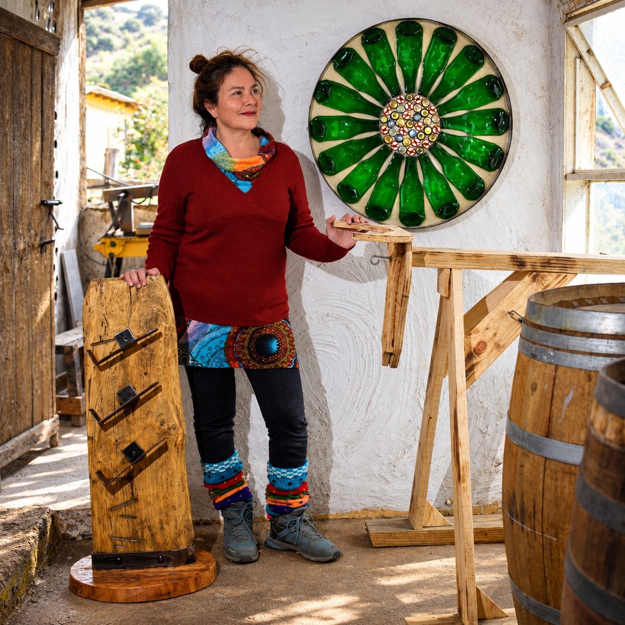 Alda en su taller de adobe junto a piezas de madera, barricas y un rosetón de botellas de vidrio.