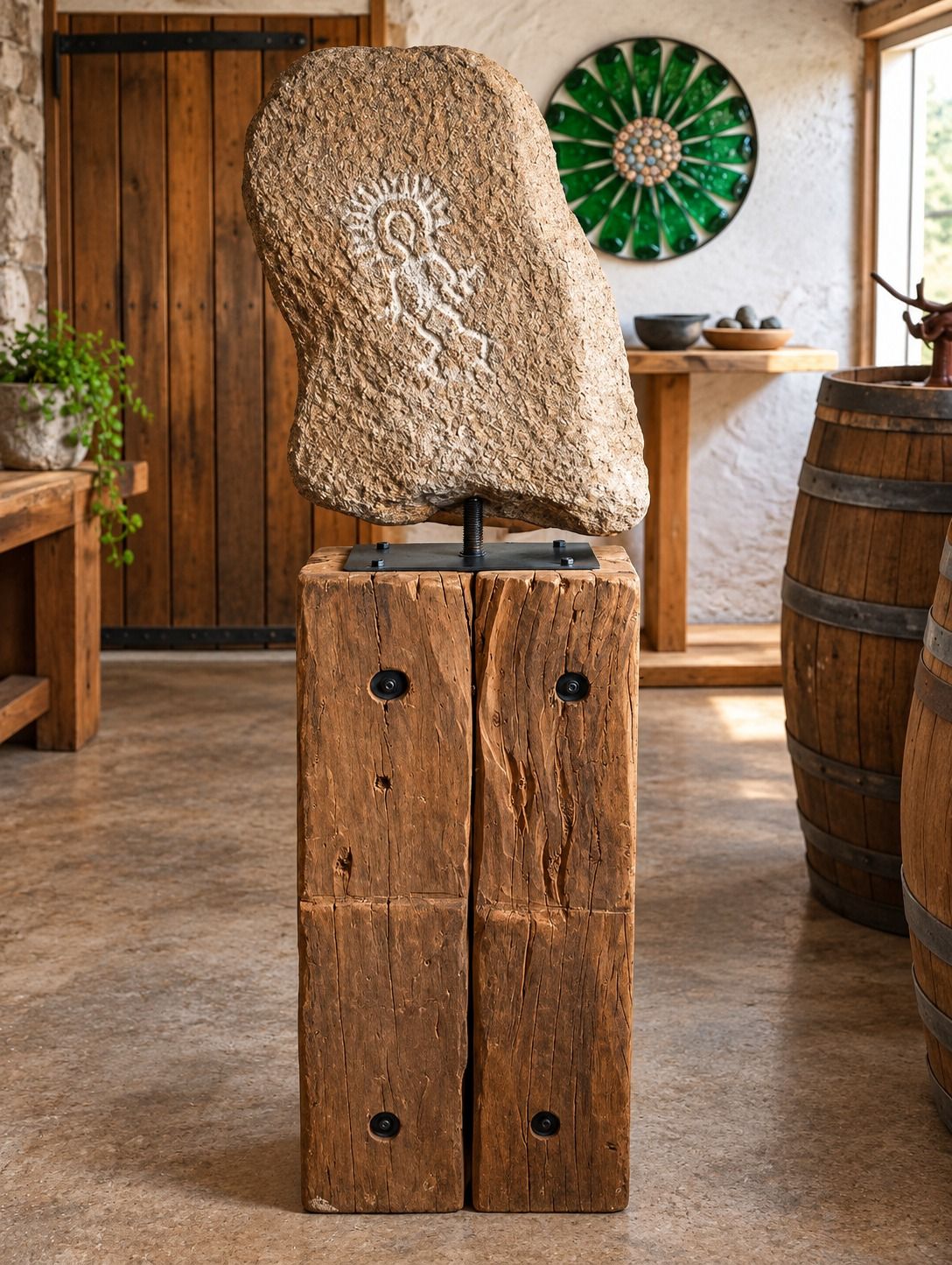 Escultura en piedra con un grabado de figura rodeada de rayos, montada sobre un pedestal de vigas de madera en el taller de Vitrald.